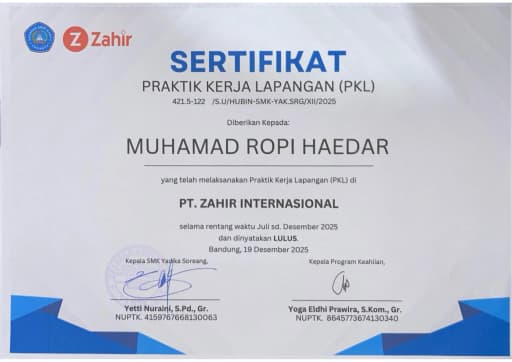 Praktik Kerja Lapangan (PKL) certificate